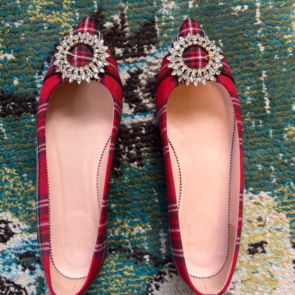 J Crew Red Plaid Pointed Toe Flats with Rhinestone Embellishment 7.5M